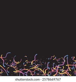 Doodle Confetti Pattern Background. Vector Simple Line Abstract Birthday Card. Kid Drawing Shapes in Cartoon Style. Happy Celebration Elements for Graphic Illustration. Ribbons, Lines, Stars Shape Ske