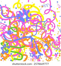 Doodle Confetti Pattern Background. Vector Simple Line Abstract Birthday Card. Kid Drawing Shapes in Cartoon Style. Happy Celebration Elements for Graphic Illustration. Ribbons, Lines, Stars Shape Ske