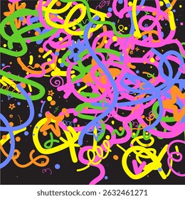 Doodle Confetti Pattern on Black Background. Vector Simple Line Abstract Birthday Card. Happy Celebration Elements for Graphic Illustration. Ribbons, Lines, Stars. Kid Drawing Shapes in Cartoon Style.