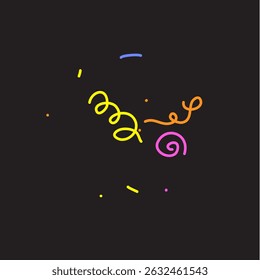 Doodle Confetti Pattern on Black Background. Kid Drawing Shapes in Cartoon Style. Vector Simple Line Abstract Birthday Card. Ribbons, Lines, Stars. Happy Celebration Elements for Graphic Illustration.