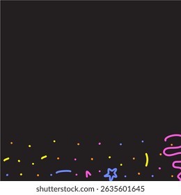 Patrón de confeti Doodle sobre fondo negro. Elementos felices de la celebración para la ilustración gráfica. Tarjeta de cumpleaños Abstractas de línea simple de Vector. Formas de dibujo infantil en estilo de dibujos animados. Cintas, líneas, estrellas.