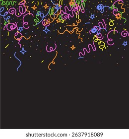 Doodle Confetti Pattern on Black Background. Ribbons, Lines, Stars. Happy Celebration Elements for Graphic Illustration. Vector Simple Line Abstract Birthday Card. Kid Drawing Shapes in Cartoon Style.