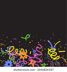 Doodle Confetti Pattern on Black Background. Happy Celebration Elements for Graphic Illustration. Ribbons, Lines, Stars. Vector Simple Line Abstract Birthday Card. Kid Drawing Shapes in Cartoon Style.