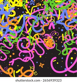Patrón de confeti Doodle sobre fondo negro. Formas de dibujo infantil en estilo de dibujos animados. Elementos felices de la celebración para la ilustración gráfica. Cintas, líneas, estrellas. Tarjeta de cumpleaños Abstractas de línea simple de Vector.