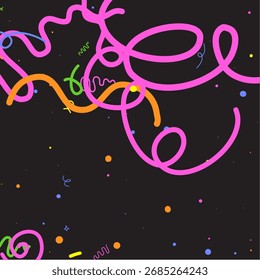 Patrón de confeti Doodle sobre fondo negro. Elementos felices de la celebración para la ilustración gráfica. Formas de dibujo infantil en estilo de dibujos animados. Tarjeta de cumpleaños Abstractas de línea simple de Vector. Cintas, líneas, estrellas.