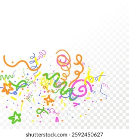 Doodle Confetti Pattern on Empty Background. Kid Drawing Shapes in Cartoon Style. Vector Simple Line Abstract Birthday Card. Ribbons, Lines, Stars. Happy Celebration Elements for Graphic Illustration.