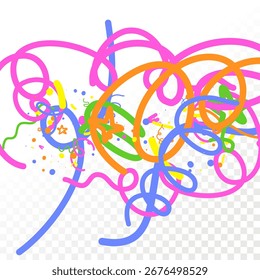 Doodle Confetti Pattern on Empty Background. Vector Simple Line Abstract Birthday Card. Kid Drawing Shapes in Cartoon Style. Ribbons, Lines, Stars. Happy Celebration Elements for Graphic Illustration.