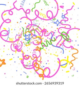 Patrón de confeti Doodle sobre fondo blanco. Cintas, líneas, estrellas. Elementos felices de la celebración para la ilustración gráfica. Tarjeta de cumpleaños Abstractas de línea simple de Vector. Formas de dibujo infantil en estilo de dibujos animados.