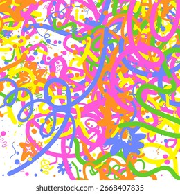 Patrón de confeti Doodle sobre fondo blanco. Elementos felices de la celebración para la ilustración gráfica. Formas de dibujo infantil en estilo de dibujos animados. Cintas, líneas, estrellas. Tarjeta de cumpleaños Abstractas de línea simple de Vector.