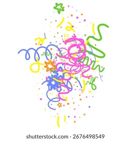 Patrón de confeti Doodle sobre fondo blanco. Elementos felices de la celebración para la ilustración gráfica. Cintas, líneas, estrellas. Formas de dibujo infantil en estilo de dibujos animados. Tarjeta de cumpleaños Abstractas de línea simple de Vector.