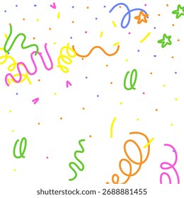 Doodle Confetti Pattern on White Background. Kid Drawing Shapes in Cartoon Style. Happy Celebration Elements for Graphic Illustration. Vector Simple Line Abstract Birthday Card. Ribbons, Lines, Stars.