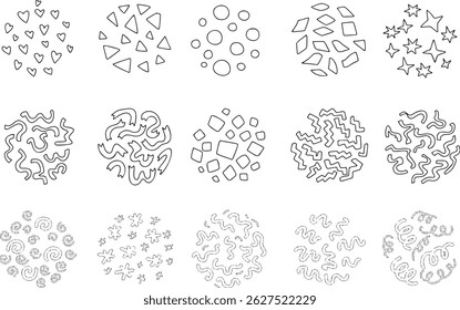 Doodle confetti shapes set for festive design. Abstract elements drawn by hand for party decor, backgrounds, or celebration themes.