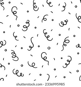 Doodle confetti and streamers seamless pattern. Hand drawn celebration falling confetti. Doodle party firecracker seamless texture. Popper pattern. Vector illustration on white background.