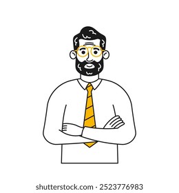 Doodle Confident Businessman With A Beard, Glasses And Crossed Arms Display Assurance And Poise. Vector Illustration