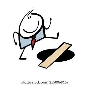Doodle confident businessman walks and sees no obstacles. Vector illustration of a trap at work. Black pits underfoot, a bridge is the solution to the problem. Isolated on white background.