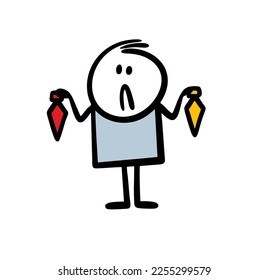 Doodle confused man cannot choose a fashionable colored tie for a business suit. Vector illustration of a character with accessories and clothes.