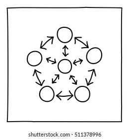 Doodle connection icon. Black and white symbol with frame. Line art style. Isolated on white background. Communication concept. Biology and medicine - molecules and relations. Vector social media