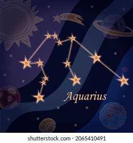 Doodle constellation of the aquarius Symbol of the zodiac signs Vector illustration of astrology and astronomy. Horoscopes bright stars in cosmos background