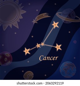 Doodle constellation of the cancer Symbol of the zodiac signs Vector illustration of astrology and astronomy. Horoscopes bright stars in cosmos background
