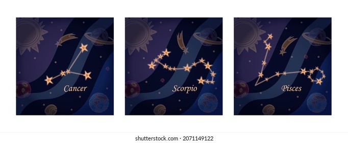 Doodle constellation of the cancer Symbol of the zodiac signs Vector illustration of astrology and astronomy. Horoscopes bright stars in cosmos background