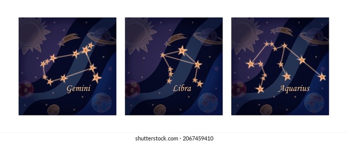 Doodle constellation of the gemini Symbol of the zodiac signs Vector illustration of astrology and astronomy. Horoscopes bright stars in cosmos background