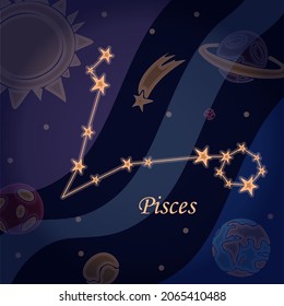 Doodle constellation of the pisces Symbol of the zodiac signs Vector illustration of astrology and astronomy. Horoscopes bright stars in cosmos background