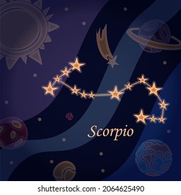 Doodle constellation of the scorpio Symbol of the zodiac signs Vector illustration of astrology and astronomy. Horoscopes bright stars in cosmos background