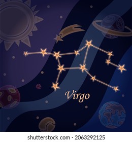 Doodle constellation of the virgo Symbol of the zodiac signs Vector illustration of astrology and astronomy. Horoscopes bright stars in cosmos background