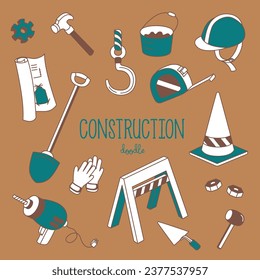 Doodle construction items. Hand drawn vector illustrator of construction items.