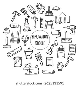 Doodle Construction tools set. Illustration of building and renovation. House repair concept collection
