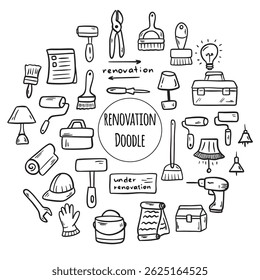 Doodle Construction tools set. Illustration of building and renovation.
