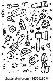 Doodle with construction tools: wrench, nuts, saw, roller, paint brush, ax, protractor, screw, nail, screwdriver