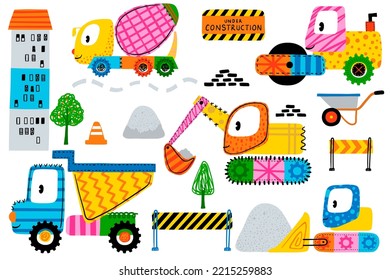 Doodle construction vehicles hand drawn vector illustration with the elements