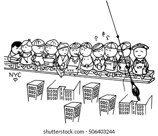 Doodle construction workers lunching on girder. The builders of skyscrapers in New York. Vector illustration.