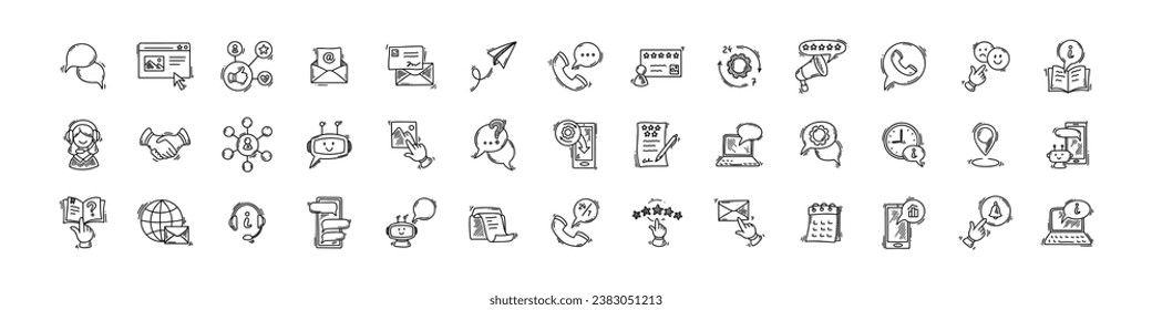 Doodle contact us icon set. 24 hours email, phone, web site, chat bot, call customer support and service. Social media, web page, messaging sketch symbols. Subscribe for newsletters