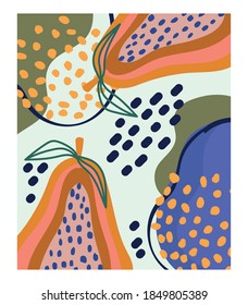 doodle contemporary fruits leaves color spots and abstract design vector illustration