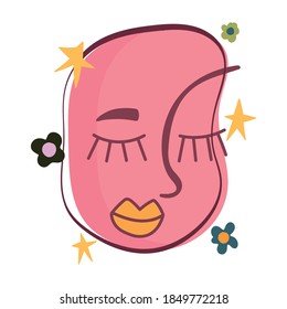 doodle contemporary, hand drawn face flowers and stars decoration vector illustration
