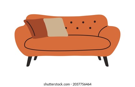 sofá contemporáneo Doodle. Confortable sofá estilo de mediados de siglo, decoración de habitación vectorial diseño interior