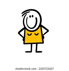 Doodle contented woman in a fashionable yellow dress stands with her hands on her hips and smiles. Vector illustration of hand drawn stick figure young joyful girl.