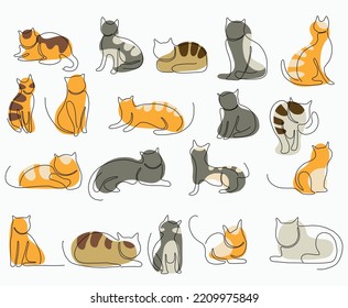Doodle continuous freehand sketch drawing of cat pose collection. Cute pet animal concept.
