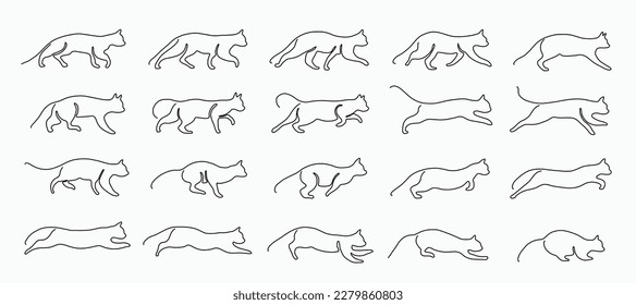 Doodle continuous freehand sketch drawing of cat pose collection. Cute pet animal concept.