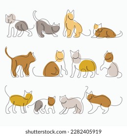 Doodle continuous freehand sketch drawing of cat pose collection. Cute pet animal concept.