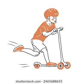 Doodle contour drawing with boy driving scooter. Contrast flat sketchy illustration isolated on white background. Vector happy childhood concept for logo, sticker