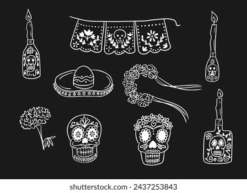 Doodle contour set of items related to Dead day. Vector white outline drawings on black background. Ideal for decoration, stickers, tattoo, pattern