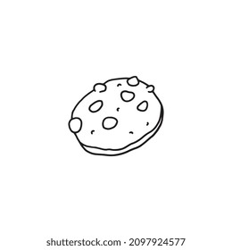 Doodle-Plätzchen mit Schokoladenchips, handgezeichnete Vektorgrafik einzeln auf weißem Hintergrund. Süße Kekse Ikone, ideal für Konditorei und Bäckereidesign.