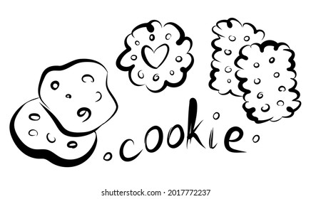 Doodle cookie and lettering coockie on white. Vector illustration. Perfect for dessert menu or food package design, logo.