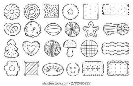 Doodle cookies. Different biscuits, sweet dessert for tea or coffee. Breakfast, lunch, dinner food. Isolated simple shapes, nutrition neoteric vector set