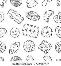 Doodle cookies seamless pattern. Sweet biscuits different shapes, desserts or snacks. Print for fabric, wallpaper, wrapping, neoteric vector background
