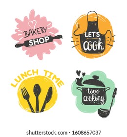 Doodle cooking food logo set. Hand drawn vector kitchen badges, labels.