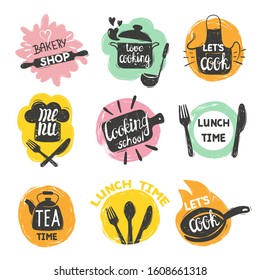 Doodle Cooking Food Logo Set. Hand Drawn Vector Kitchen Badges, Labels.